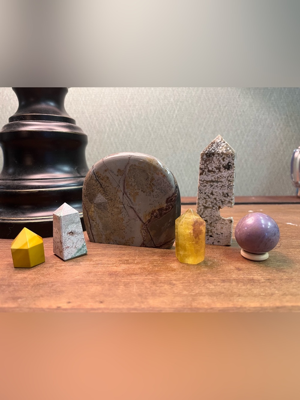 Six Polished Crystals, Fluorite, Picture, Ocean & Mookaite Jasper